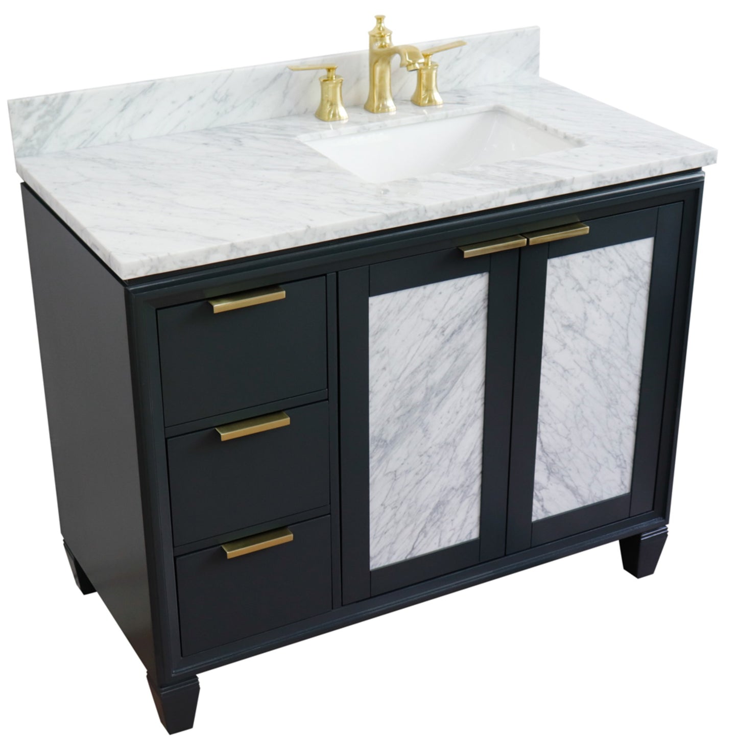 43" Single vanity in Dark Gray finish with White Carrara and rectangle sink Right door/Right sink