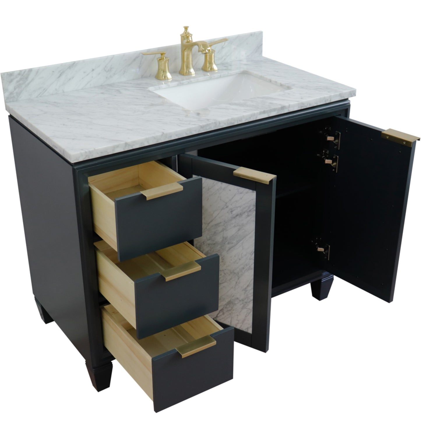 43" Single vanity in Dark Gray finish with White Carrara and rectangle sink Right door/Right sink