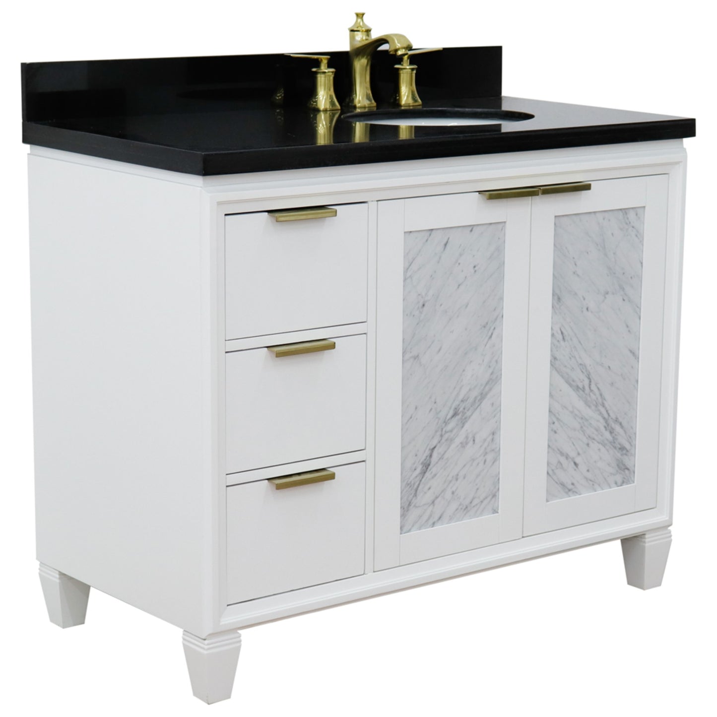 43" Single vanity in White finish with Black galaxy and oval sink Right door/Right sink