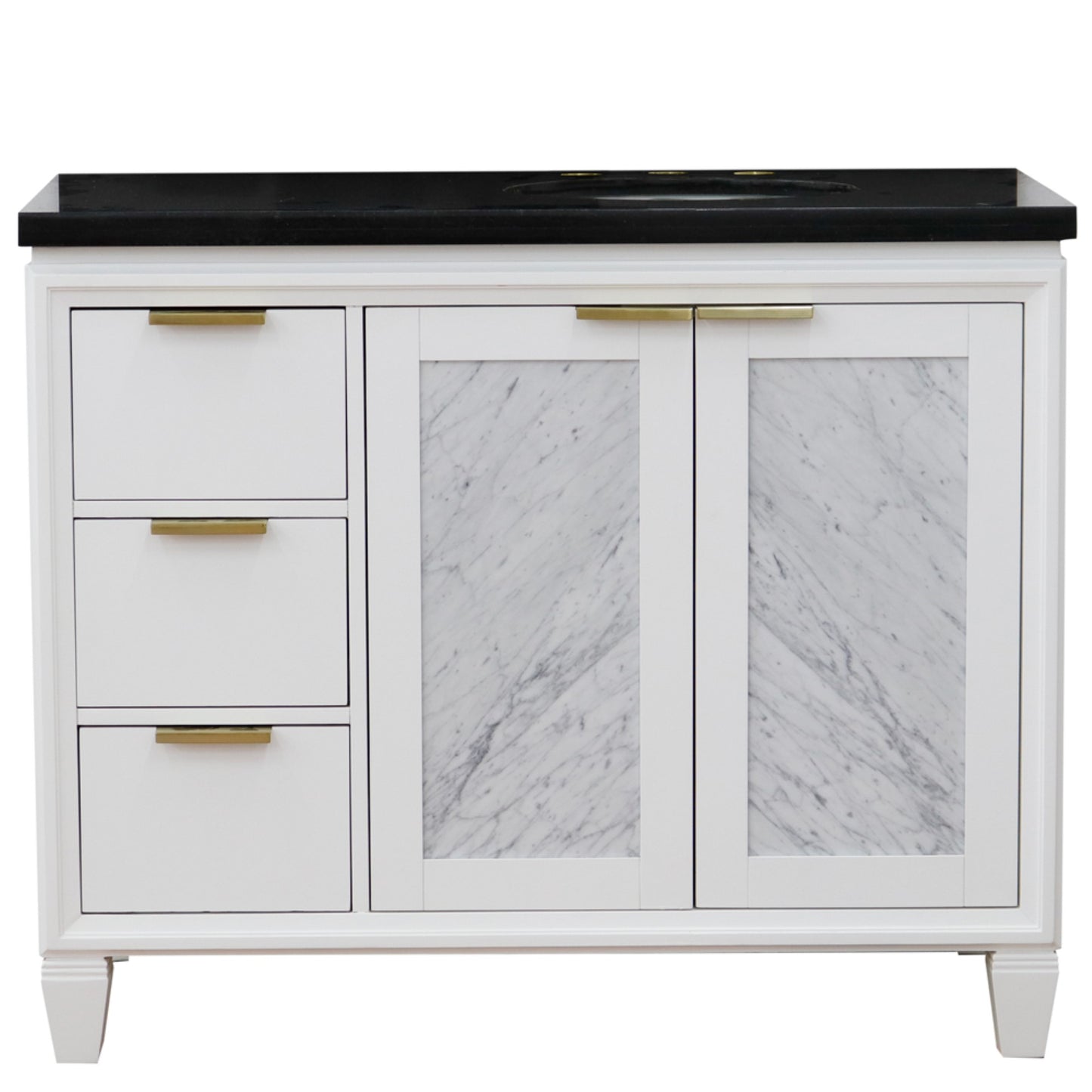 43" Single vanity in White finish with Black galaxy and oval sink Right door/Right sink