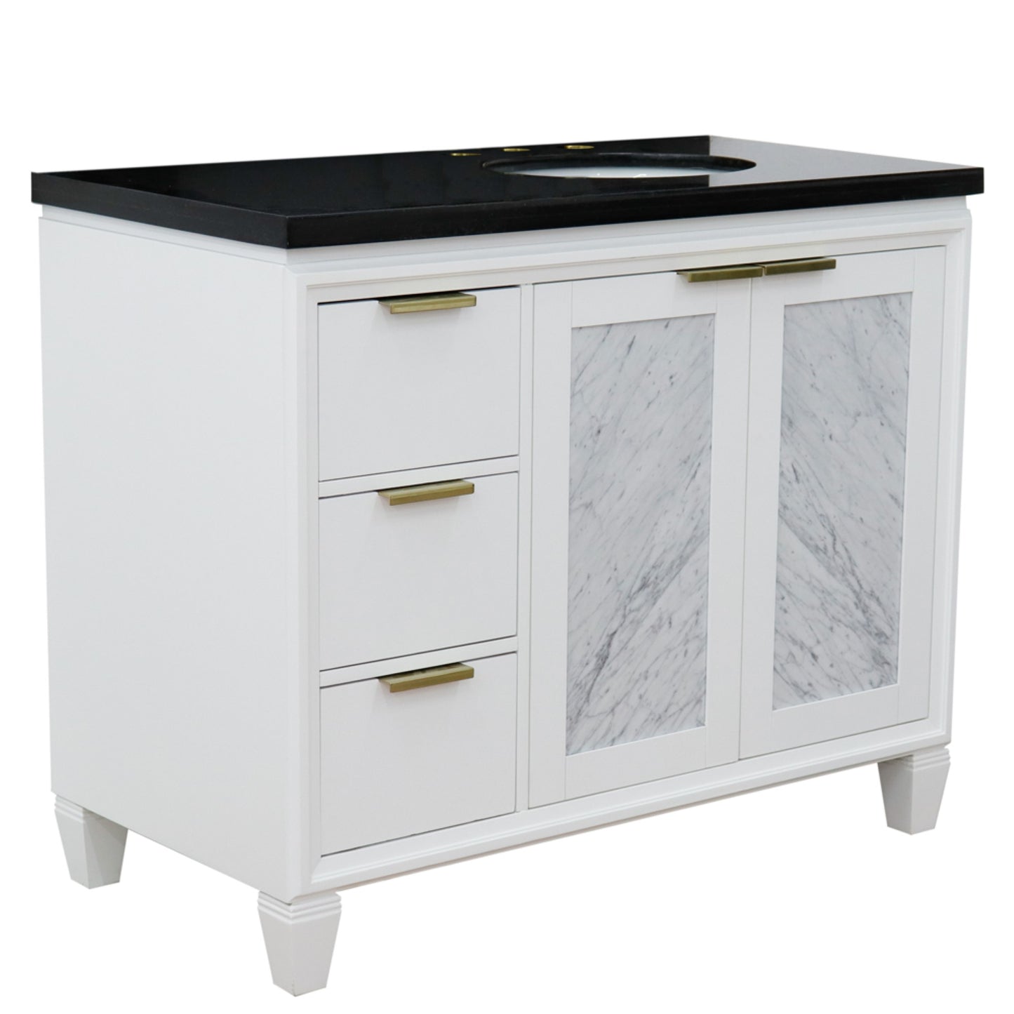 43" Single vanity in White finish with Black galaxy and oval sink Right door/Right sink