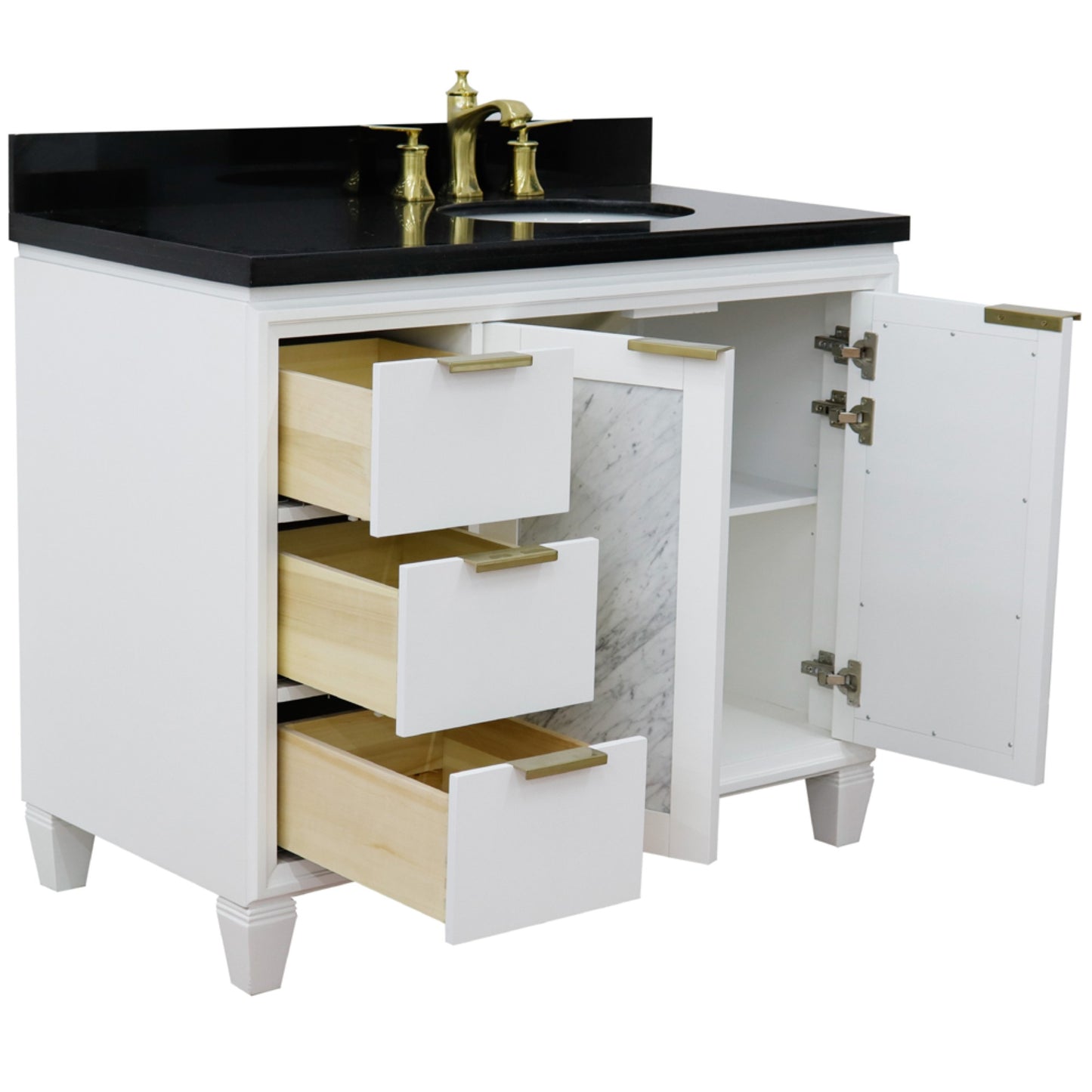 43" Single vanity in White finish with Black galaxy and oval sink Right door/Right sink