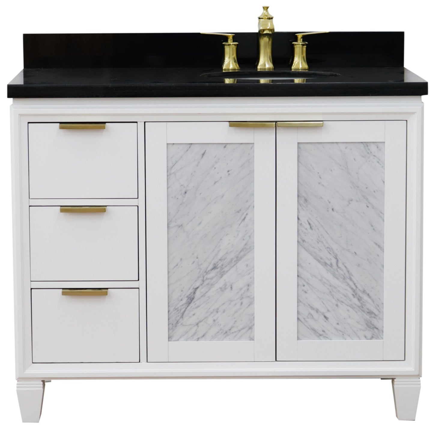 43" Single vanity in White finish with Black galaxy and oval sink Right door/Right sink