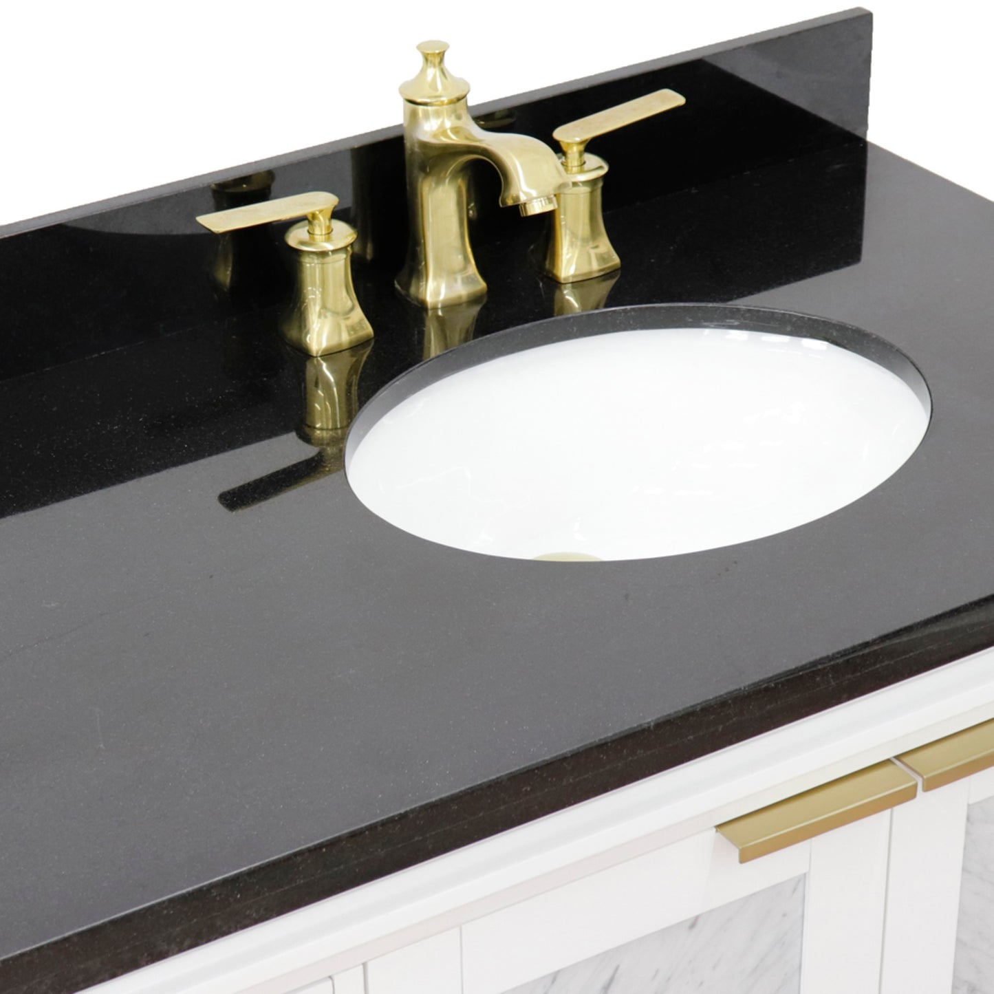43" Single vanity in White finish with Black galaxy and oval sink Right door/Right sink