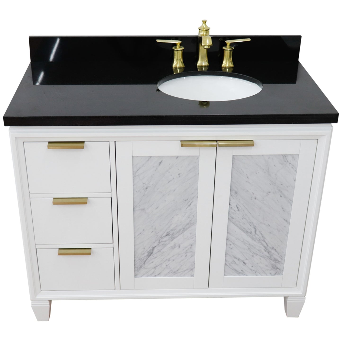 43" Single vanity in White finish with Black galaxy and oval sink Right door/Right sink