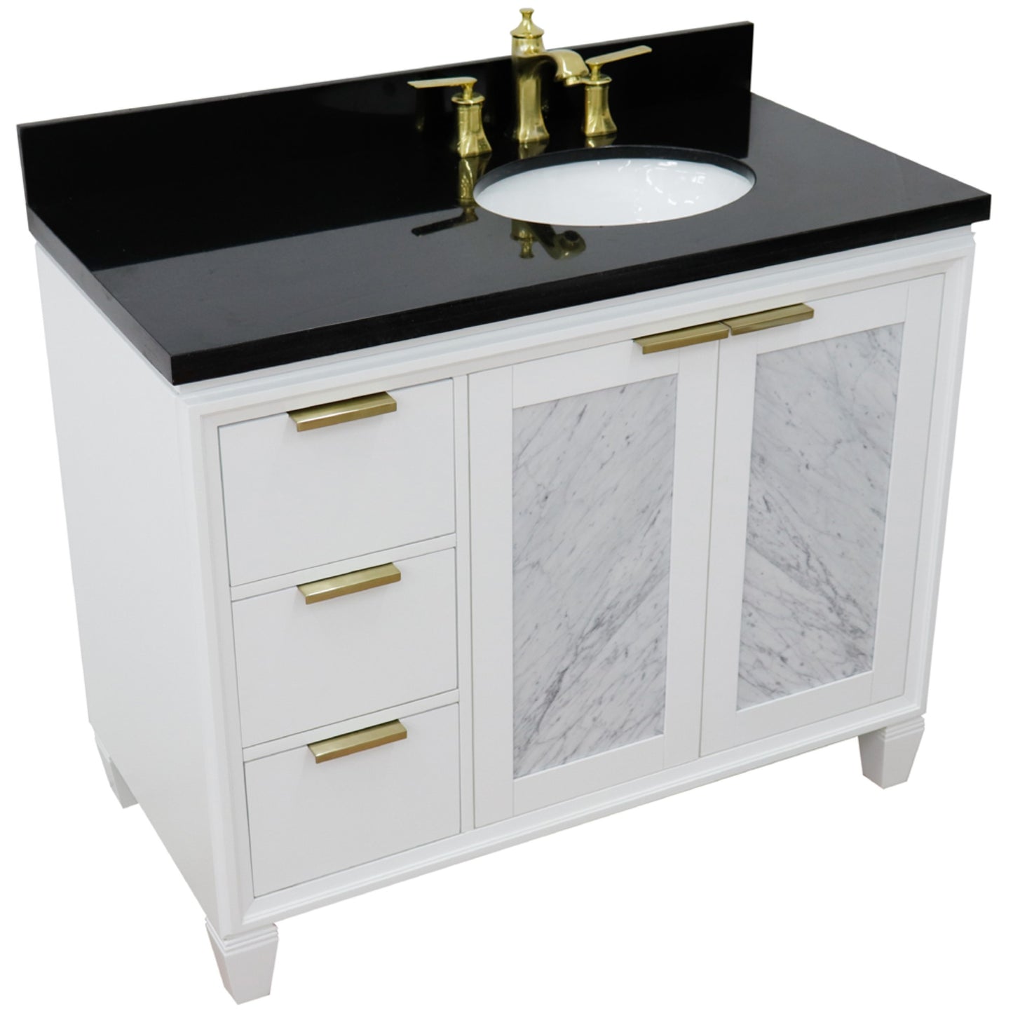 43" Single vanity in White finish with Black galaxy and oval sink Right door/Right sink