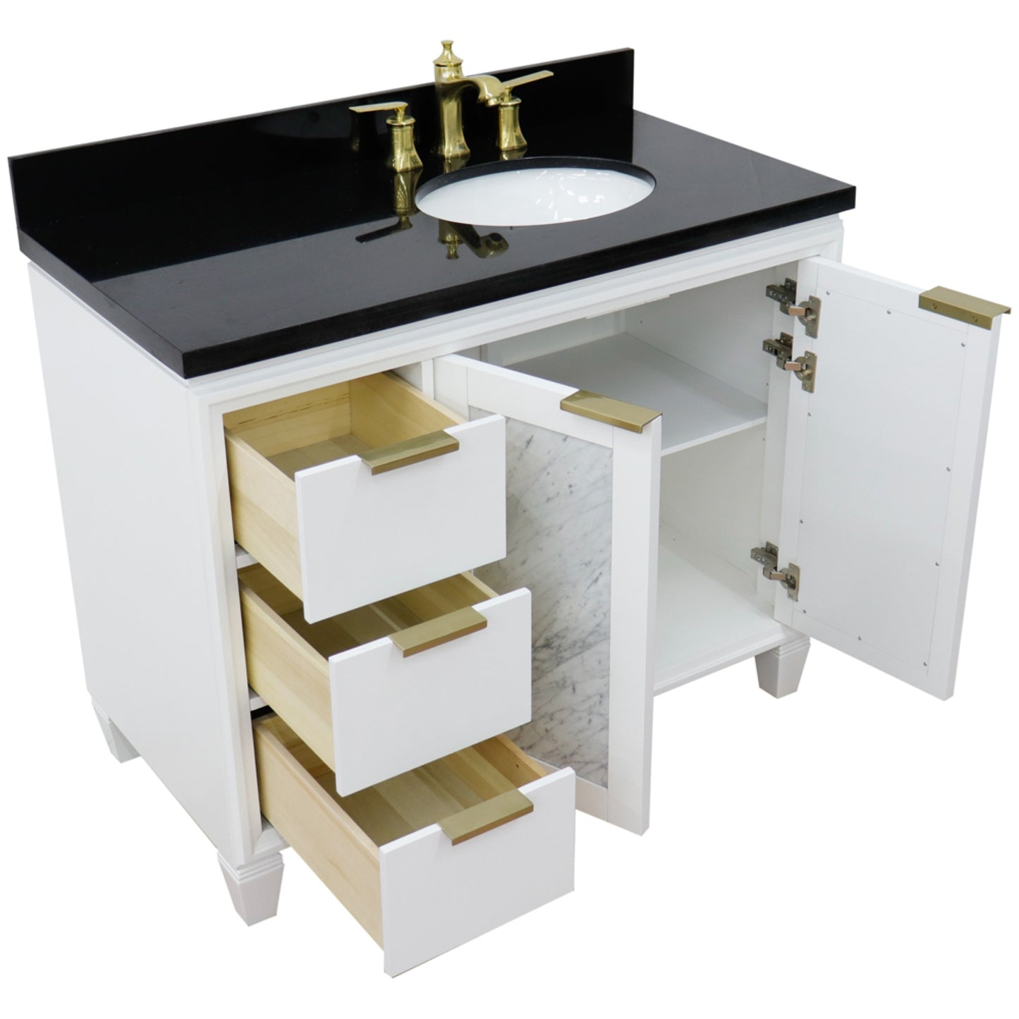 43" Single vanity in White finish with Black galaxy and oval sink Right door/Right sink