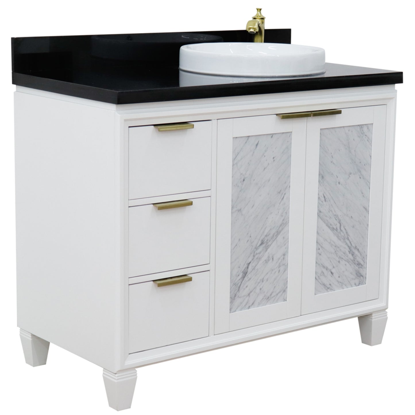 43" Single vanity in White finish with Black galaxy and round sink Right door/Right sink