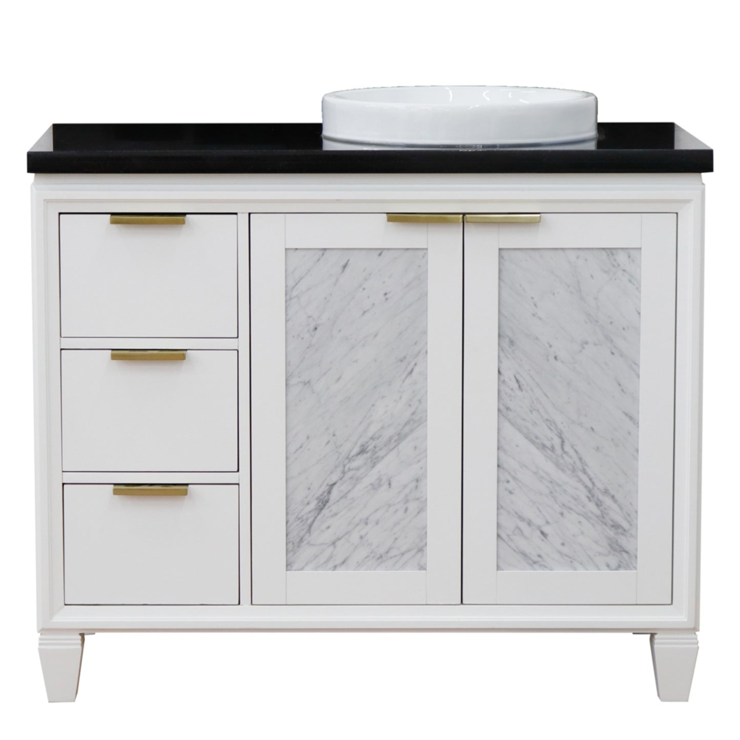 43" Single vanity in White finish with Black galaxy and round sink Right door/Right sink