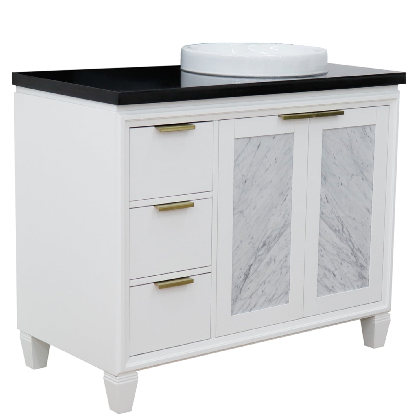 43" Single vanity in White finish with Black galaxy and round sink Right door/Right sink