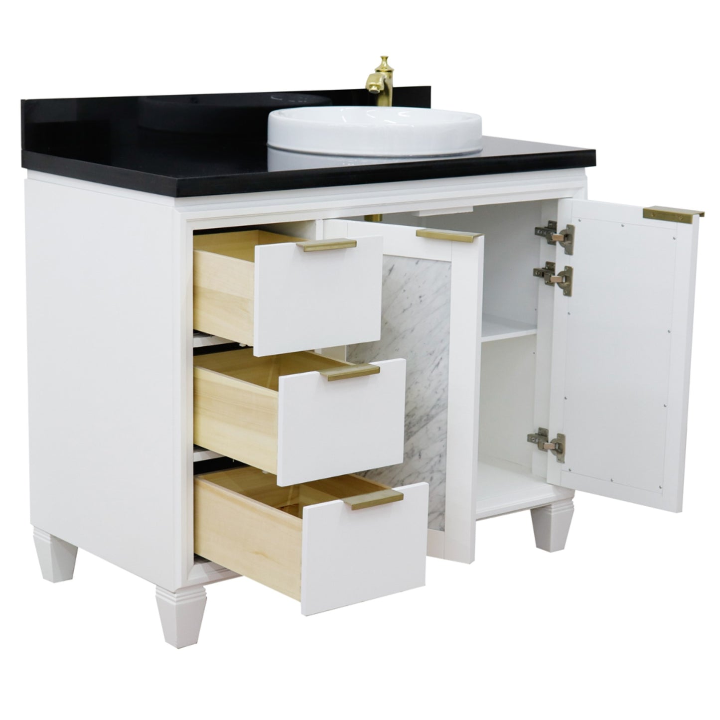 43" Single vanity in White finish with Black galaxy and round sink Right door/Right sink