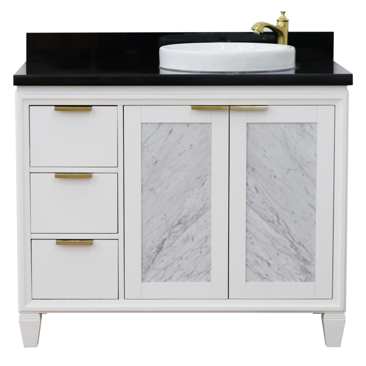 43" Single vanity in White finish with Black galaxy and round sink Right door/Right sink