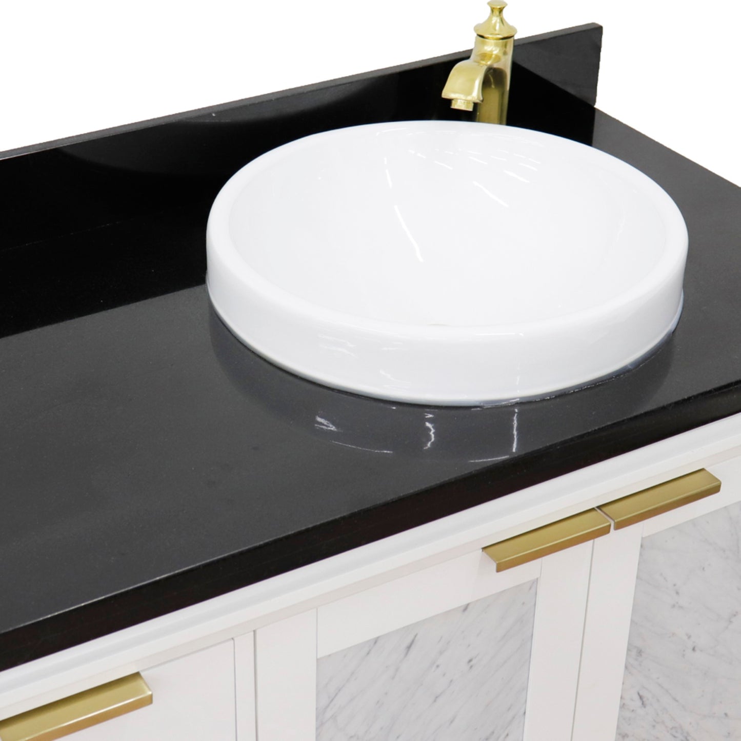 43" Single vanity in White finish with Black galaxy and round sink Right door/Right sink