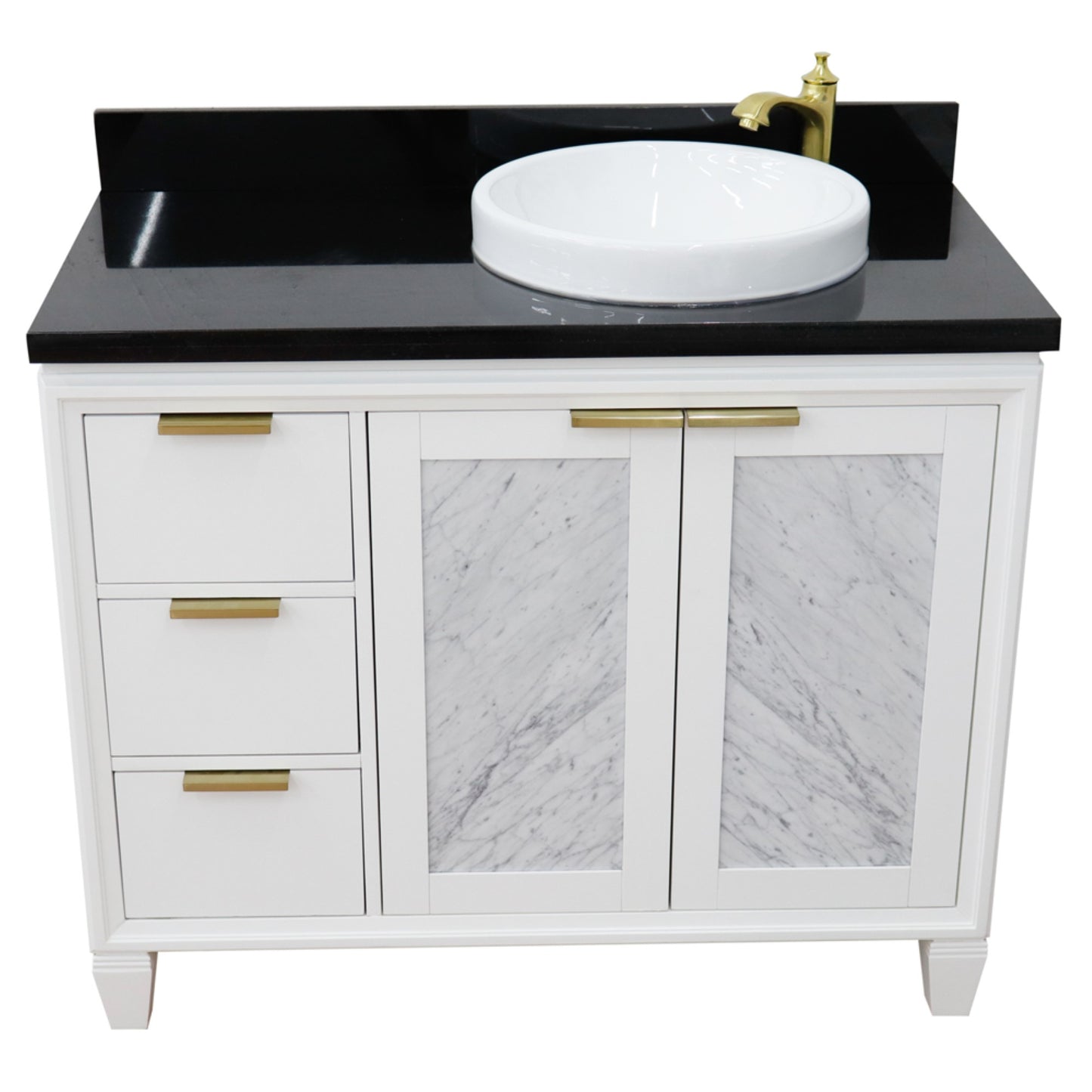 43" Single vanity in White finish with Black galaxy and round sink Right door/Right sink