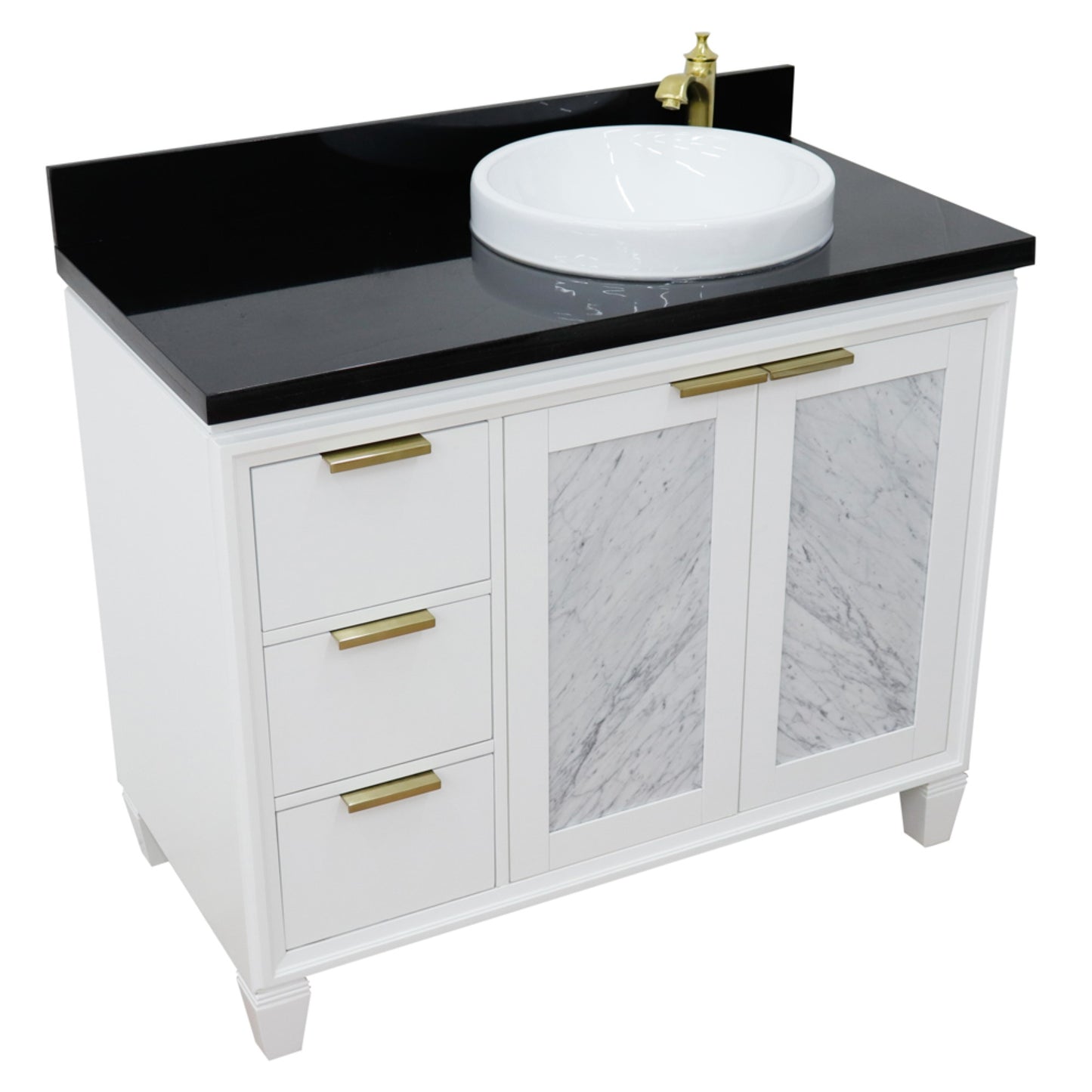 43" Single vanity in White finish with Black galaxy and round sink Right door/Right sink