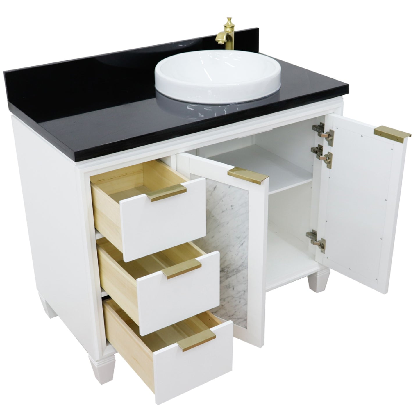 43" Single vanity in White finish with Black galaxy and round sink Right door/Right sink