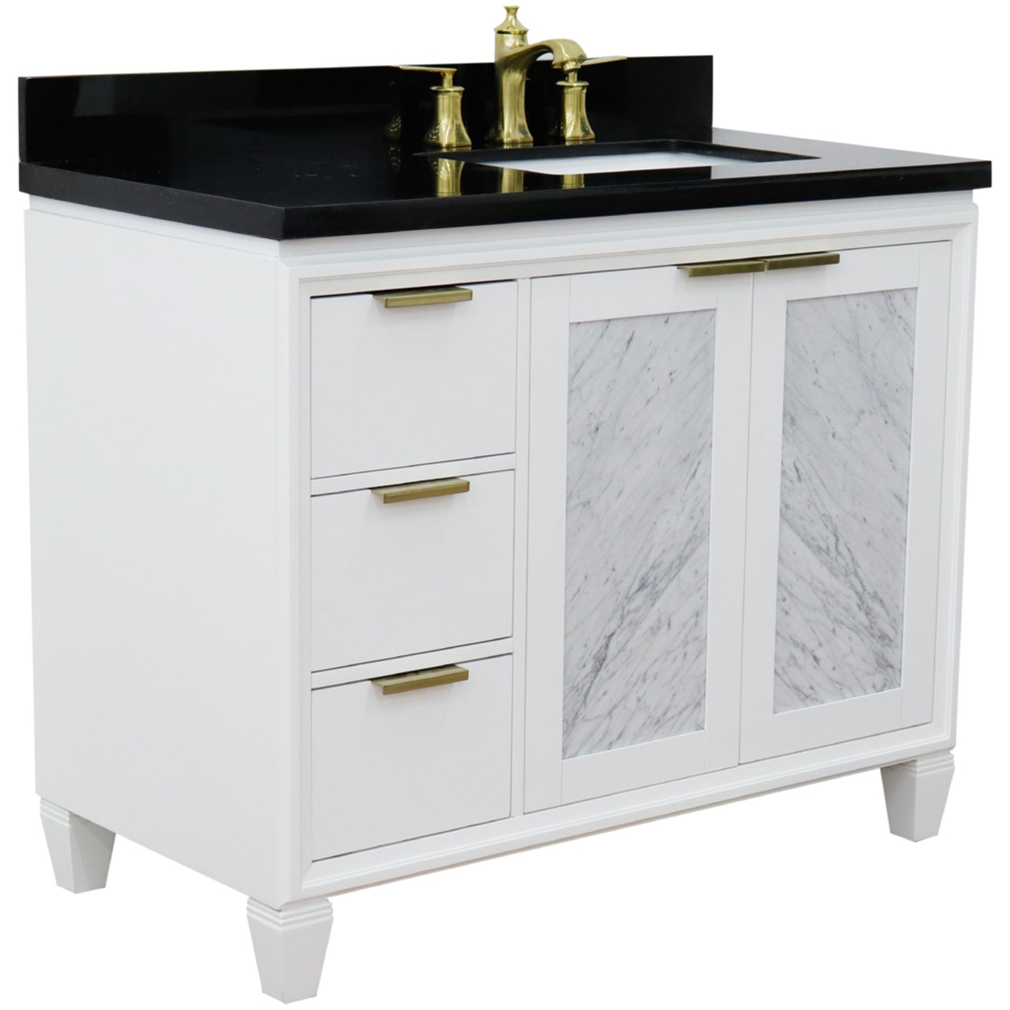 43" Single vanity in White finish with Black galaxy and rectangle sink Right door/Right sink