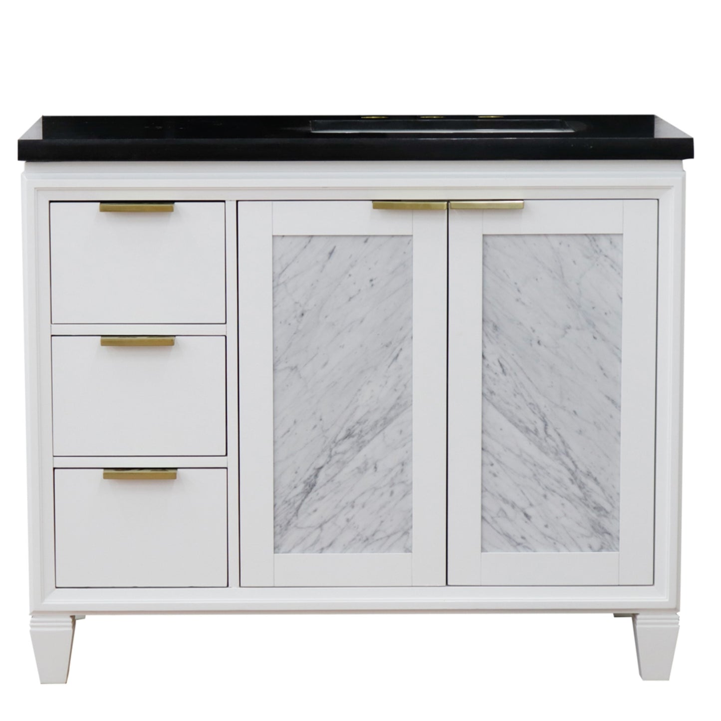 43" Single vanity in White finish with Black galaxy and rectangle sink Right door/Right sink