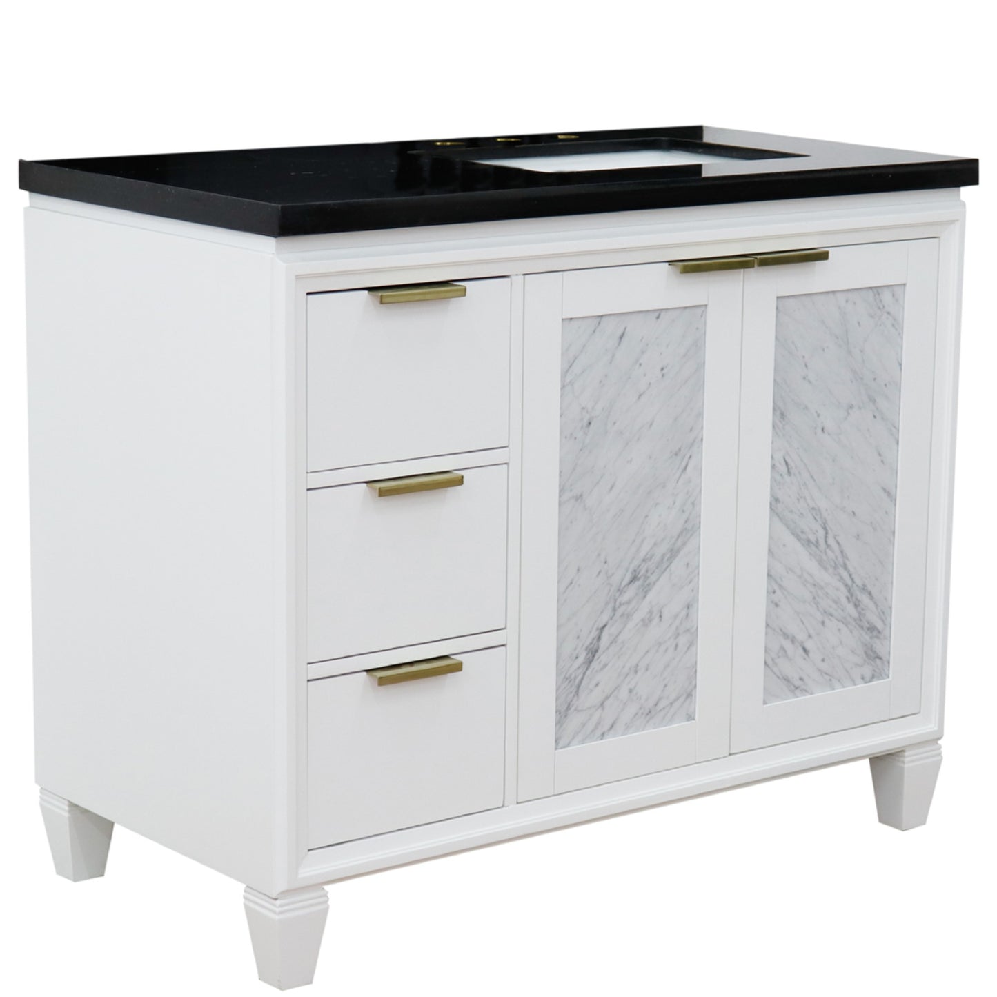 43" Single vanity in White finish with Black galaxy and rectangle sink Right door/Right sink