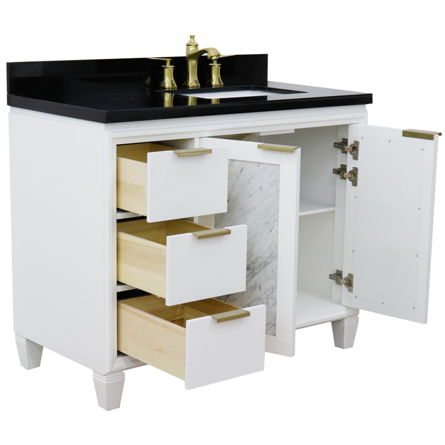 43" Single vanity in White finish with Black galaxy and rectangle sink Right door/Right sink