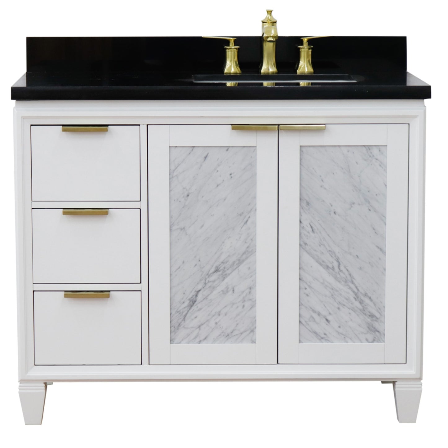 43" Single vanity in White finish with Black galaxy and rectangle sink Right door/Right sink