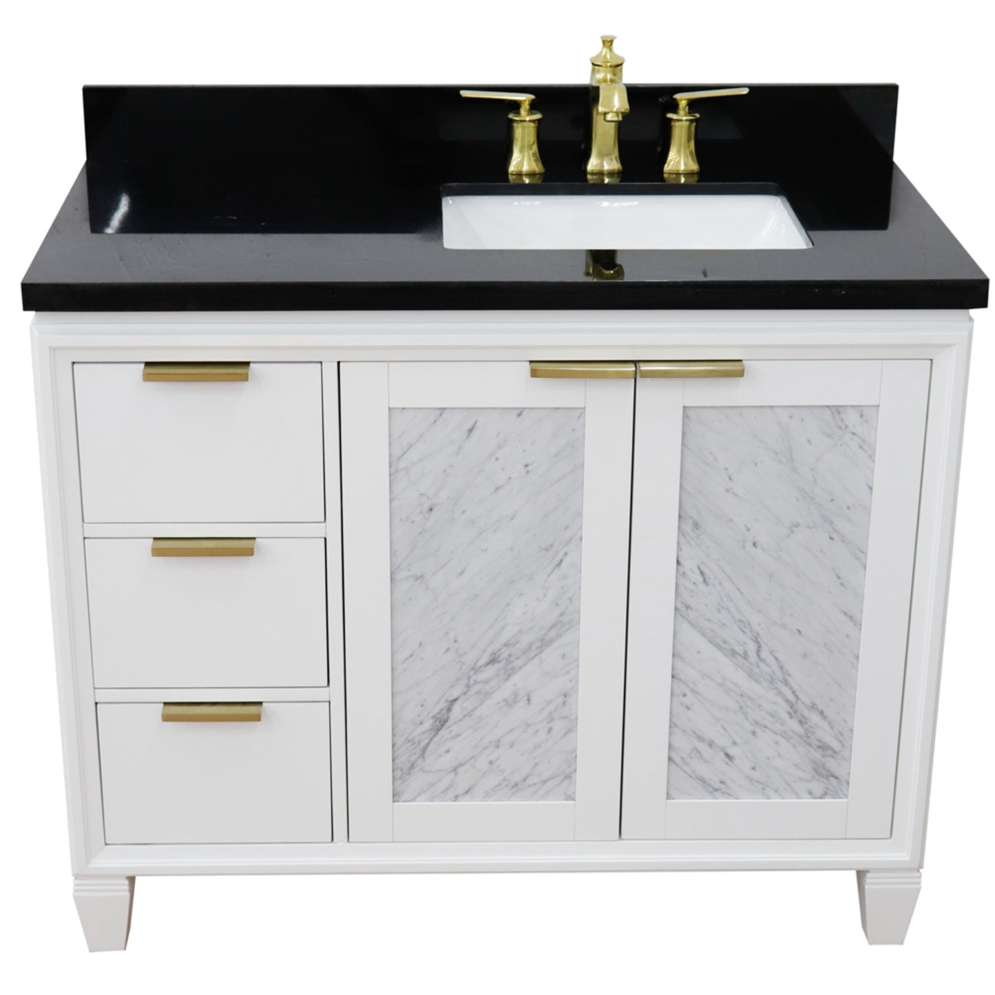 43" Single vanity in White finish with Black galaxy and rectangle sink Right door/Right sink