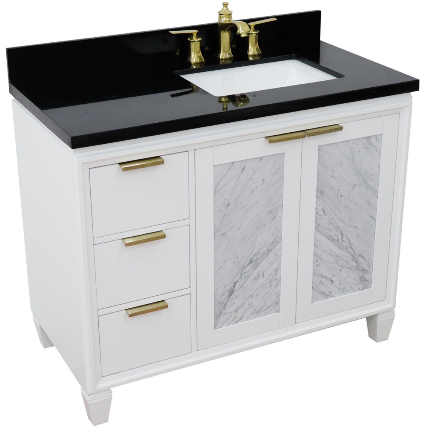 43" Single vanity in White finish with Black galaxy and rectangle sink Right door/Right sink