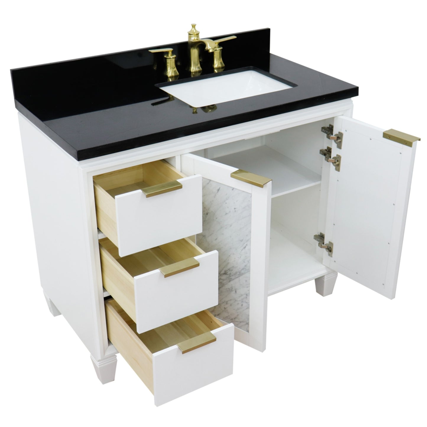 43" Single vanity in White finish with Black galaxy and rectangle sink Right door/Right sink
