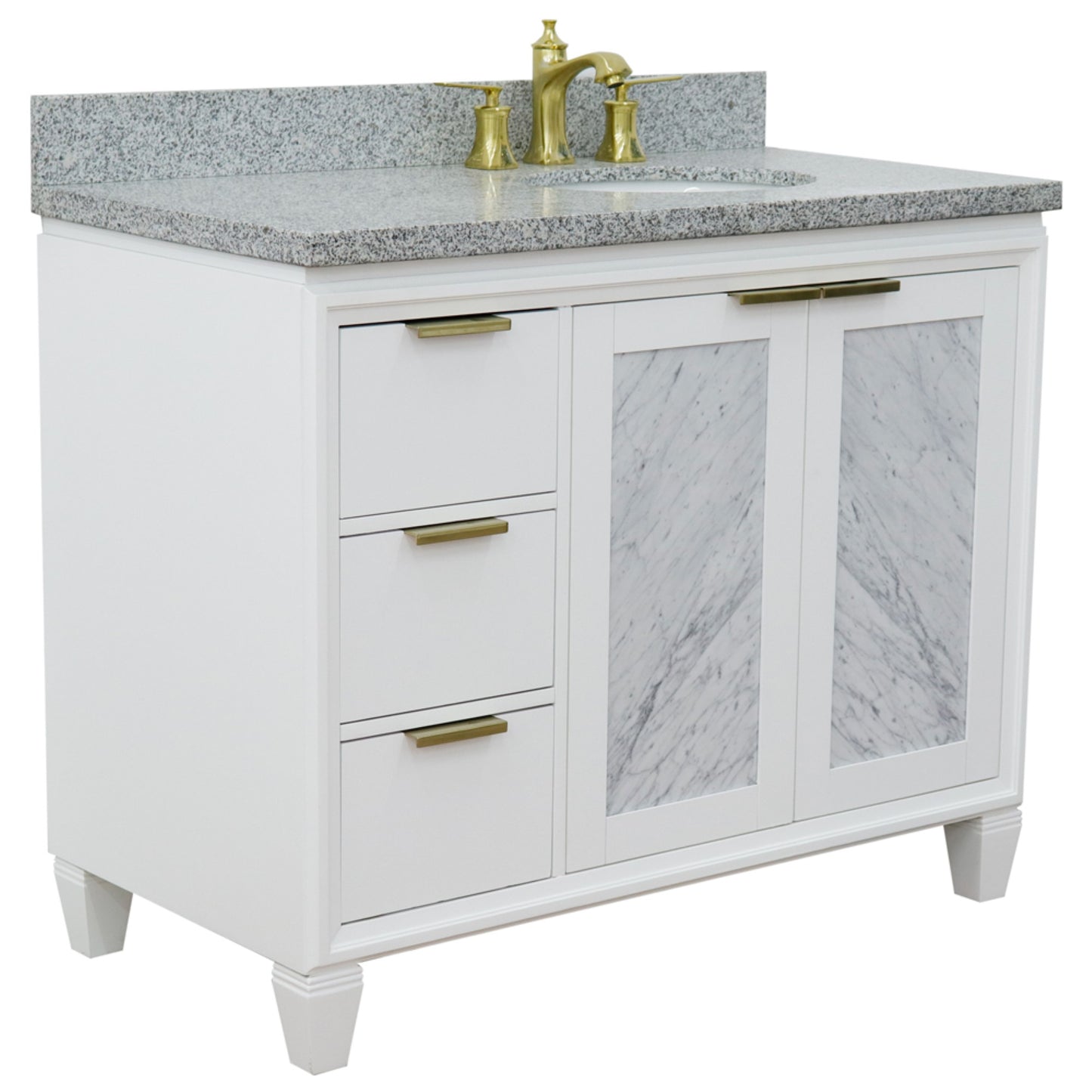 43" Single vanity in White finish with Gray granite and oval sink Right door/Right sink