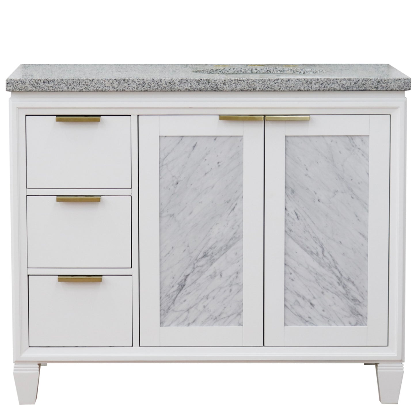 43" Single vanity in White finish with Gray granite and oval sink Right door/Right sink