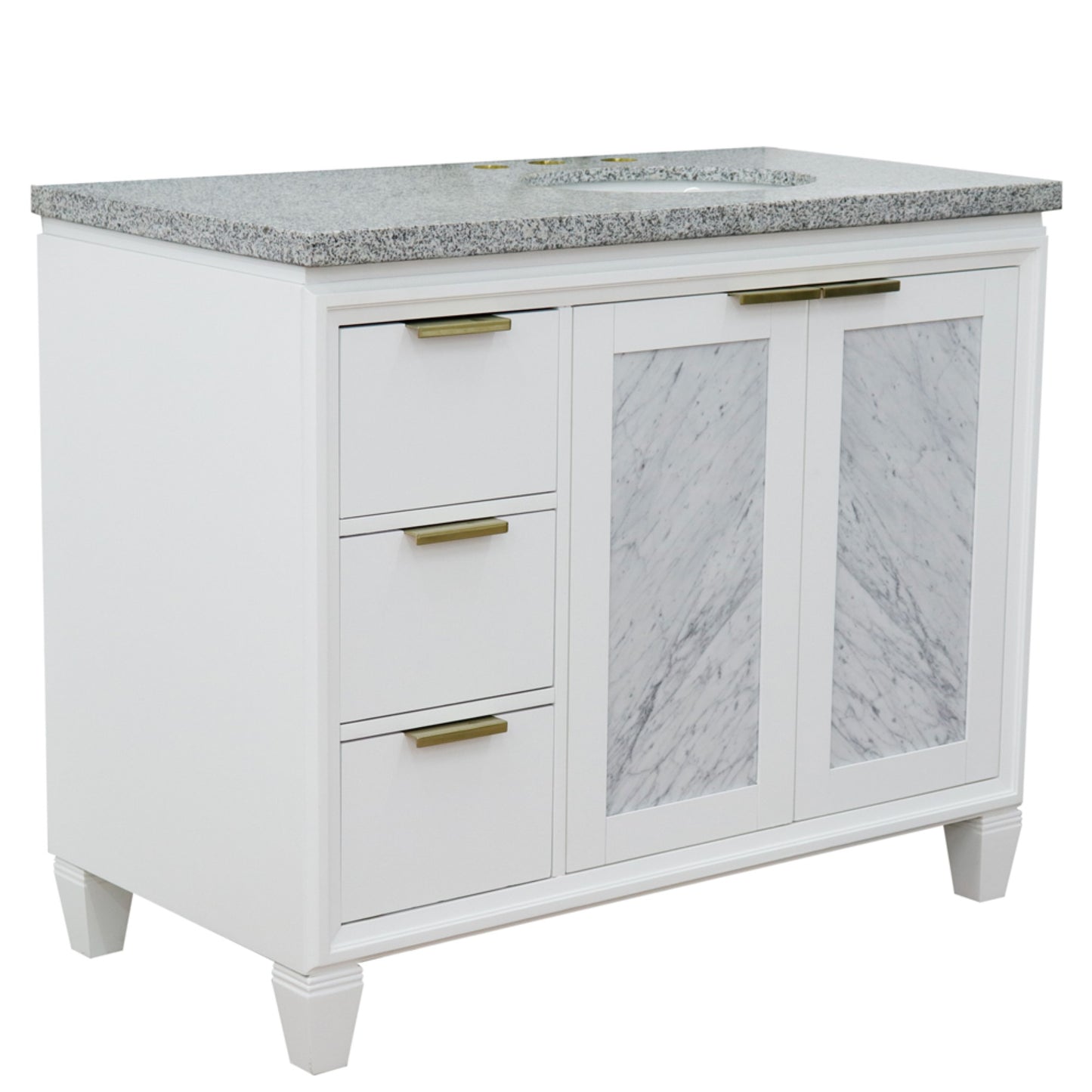 43" Single vanity in White finish with Gray granite and oval sink Right door/Right sink