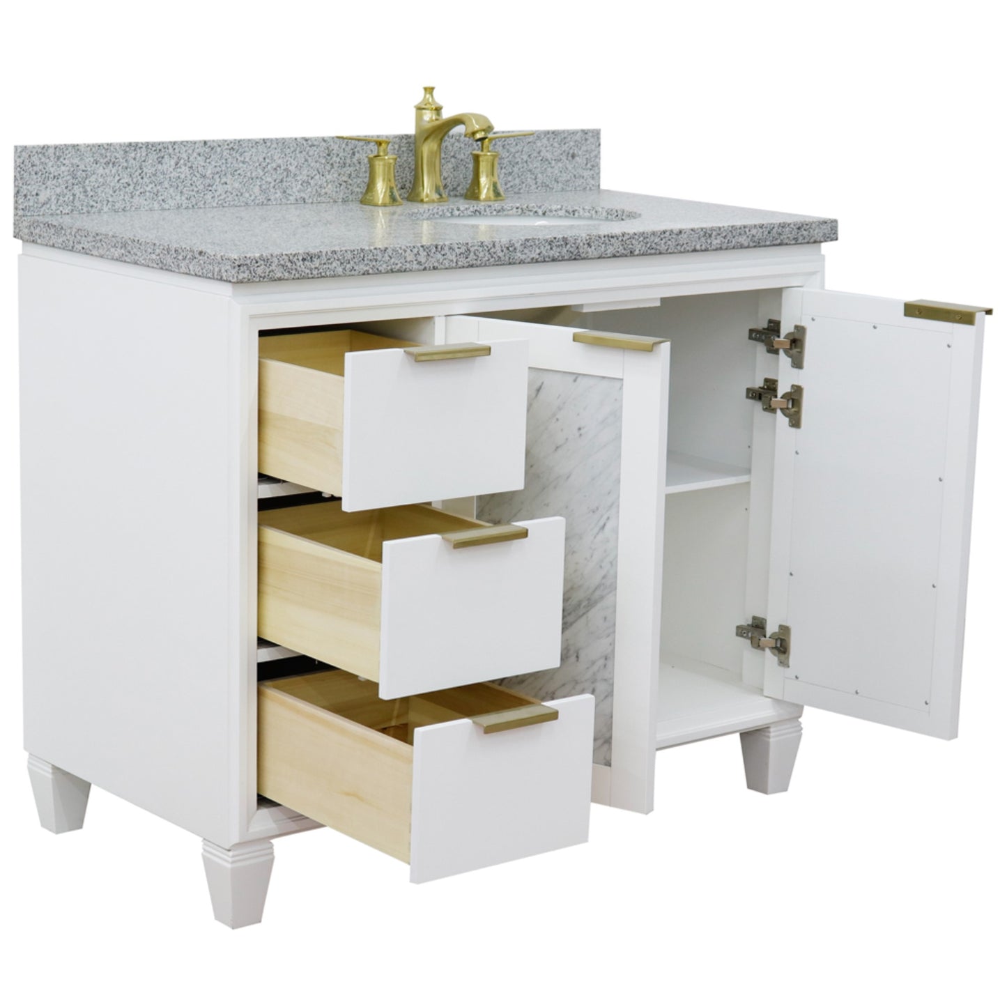 43" Single vanity in White finish with Gray granite and oval sink Right door/Right sink