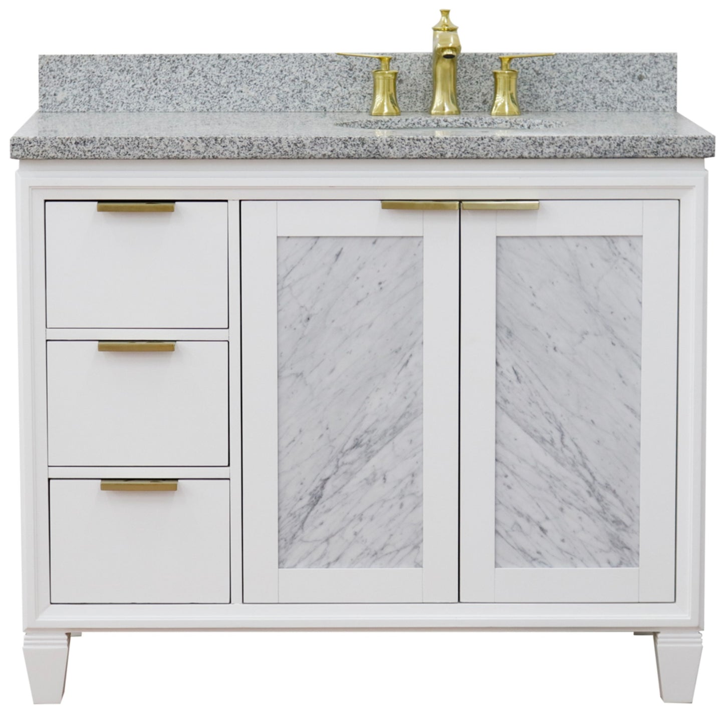 43" Single vanity in White finish with Gray granite and oval sink Right door/Right sink