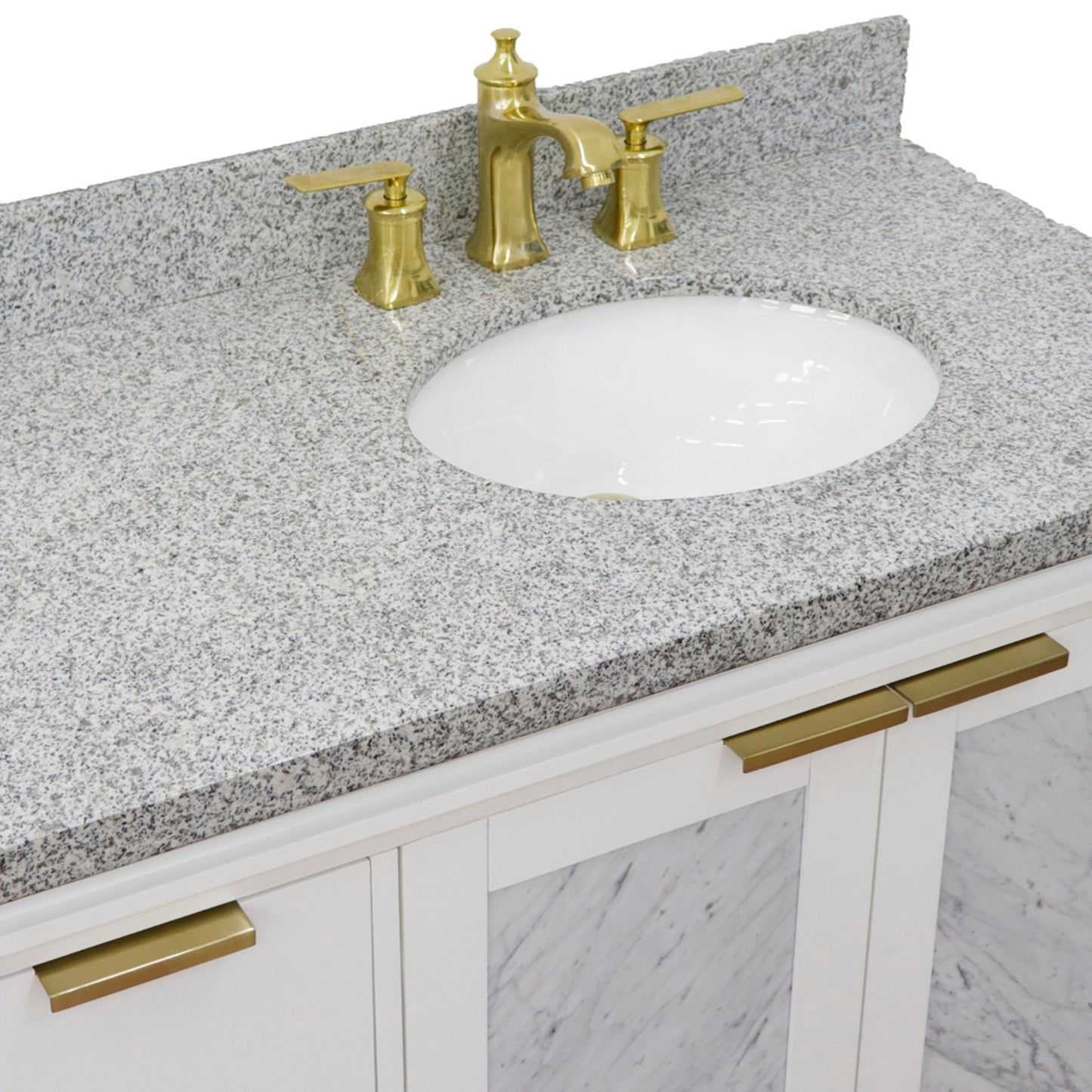 43" Single vanity in White finish with Gray granite and oval sink Right door/Right sink