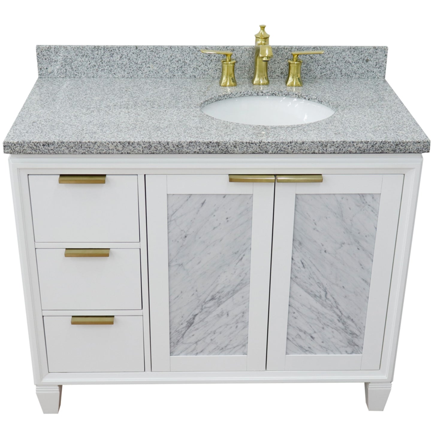 43" Single vanity in White finish with Gray granite and oval sink Right door/Right sink