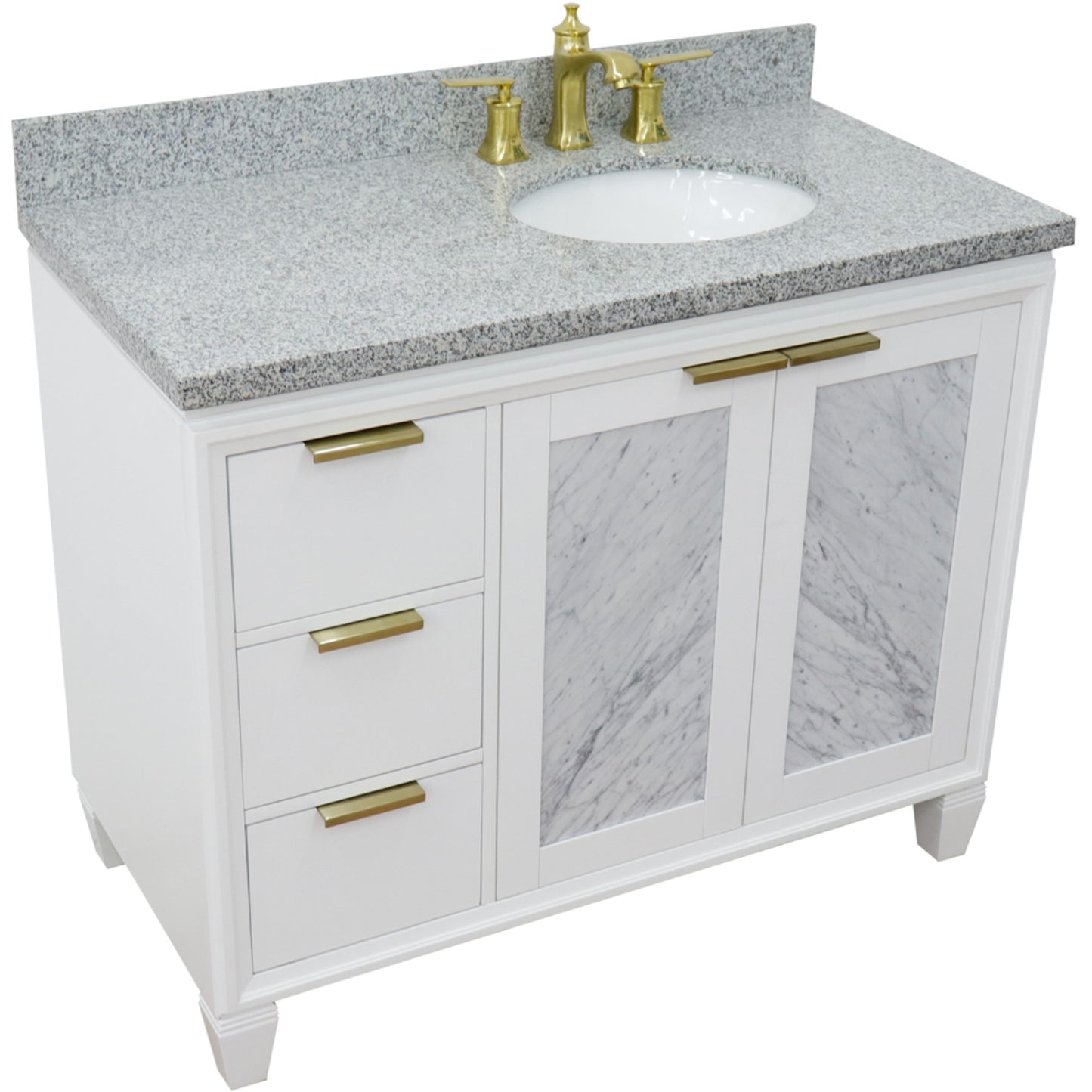 43" Single vanity in White finish with Gray granite and oval sink Right door/Right sink