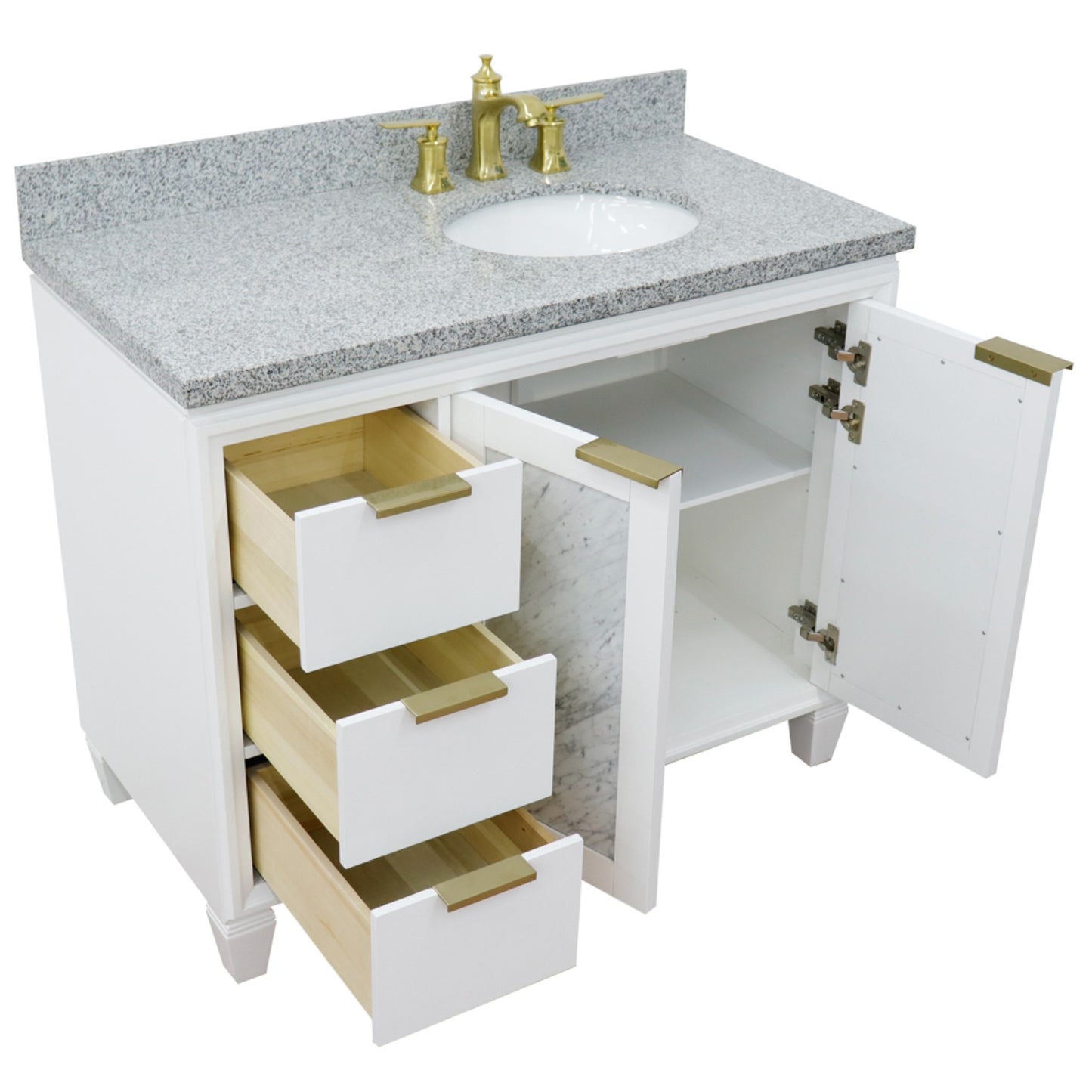 43" Single vanity in White finish with Gray granite and oval sink Right door/Right sink