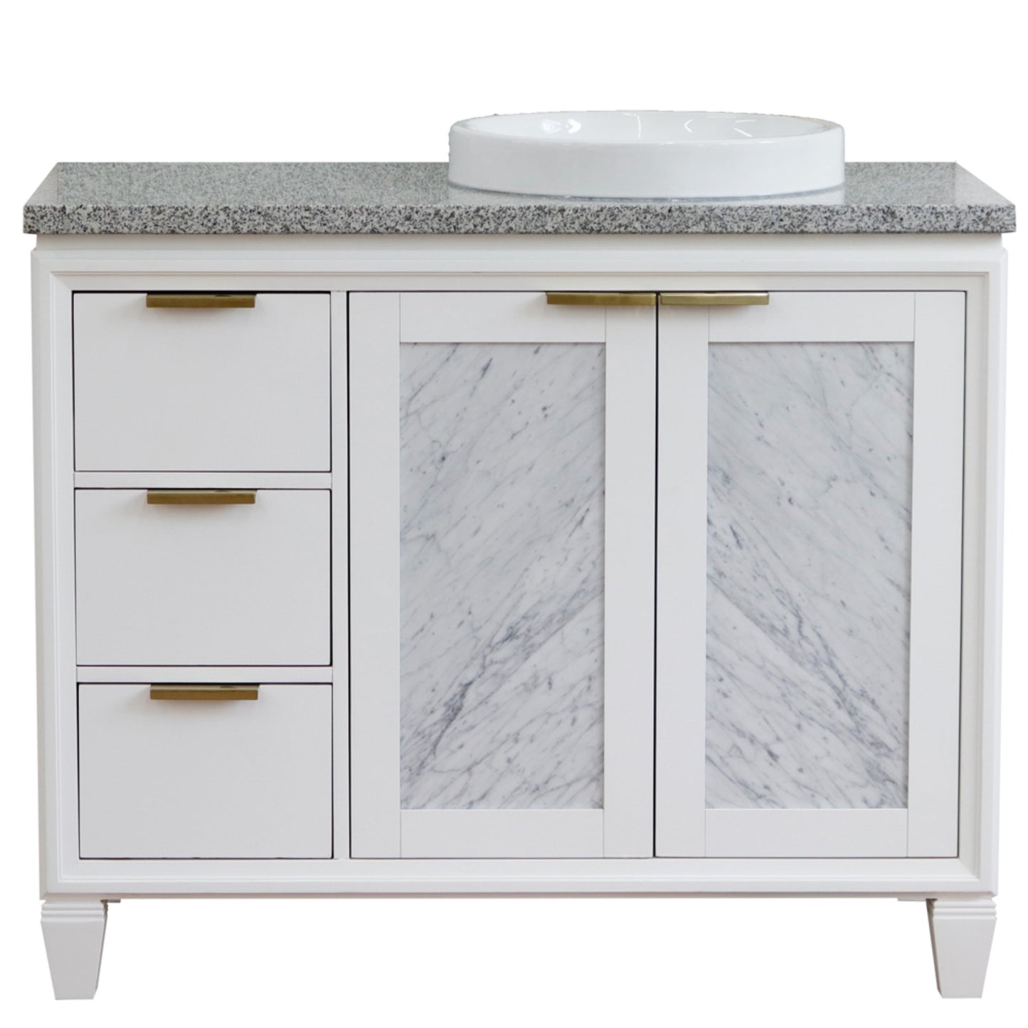 43" Single vanity in White finish with Gray granite and round sink Right door/Right sink