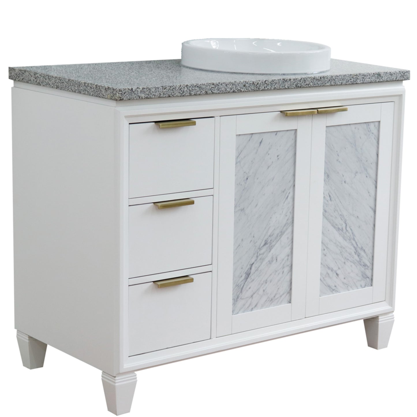 43" Single vanity in White finish with Gray granite and round sink Right door/Right sink