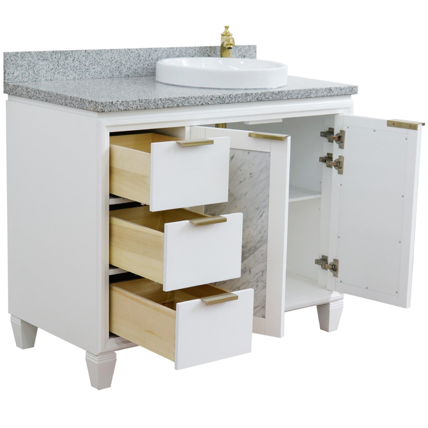 43" Single vanity in White finish with Gray granite and round sink Right door/Right sink