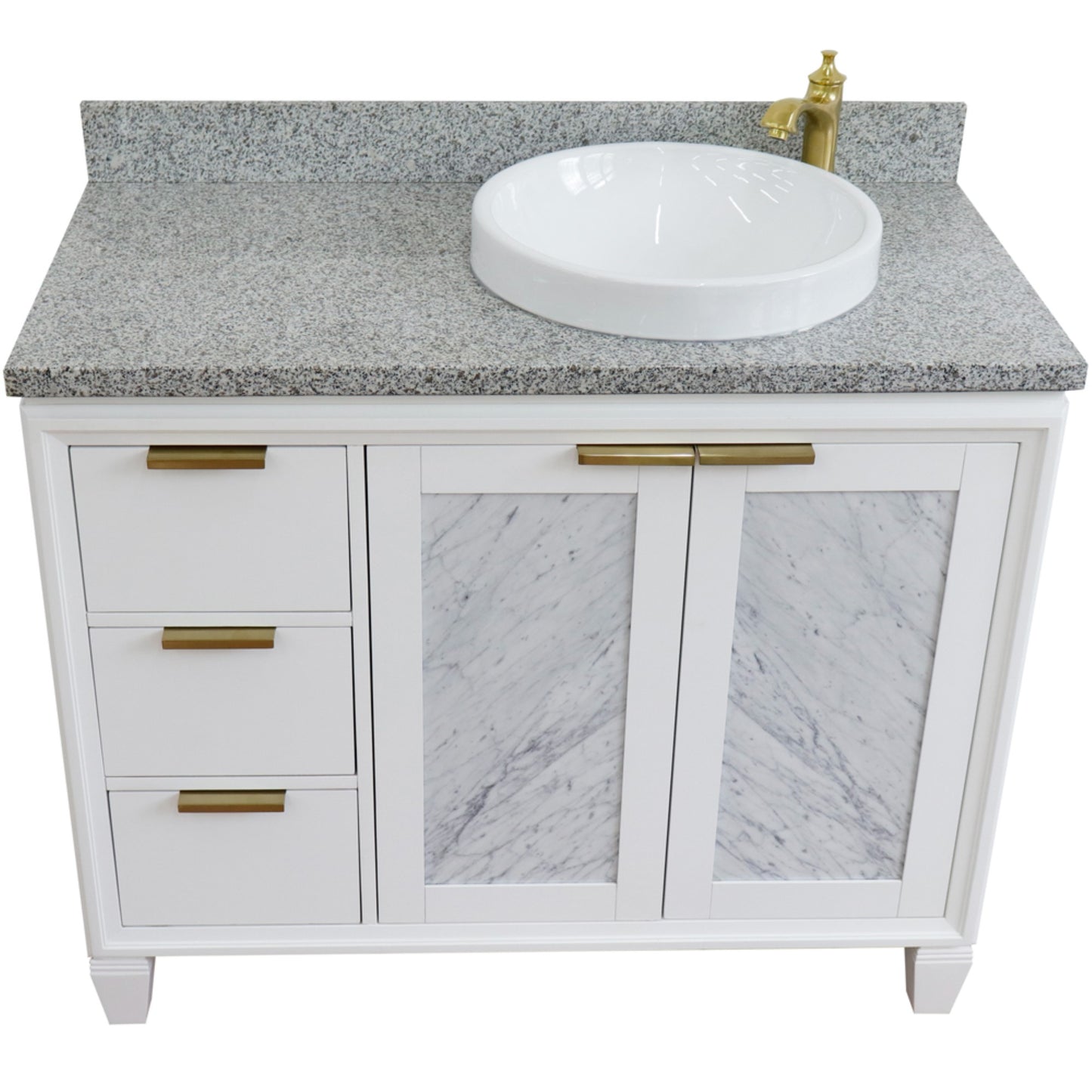 43" Single vanity in White finish with Gray granite and round sink Right door/Right sink