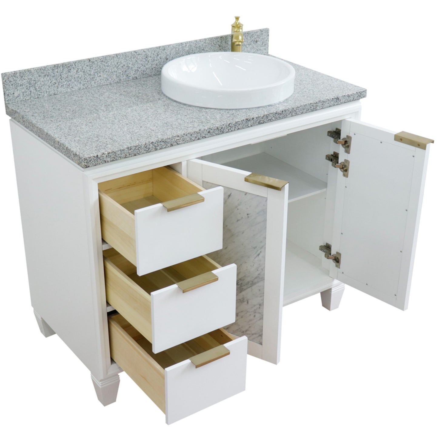 43" Single vanity in White finish with Gray granite and round sink Right door/Right sink