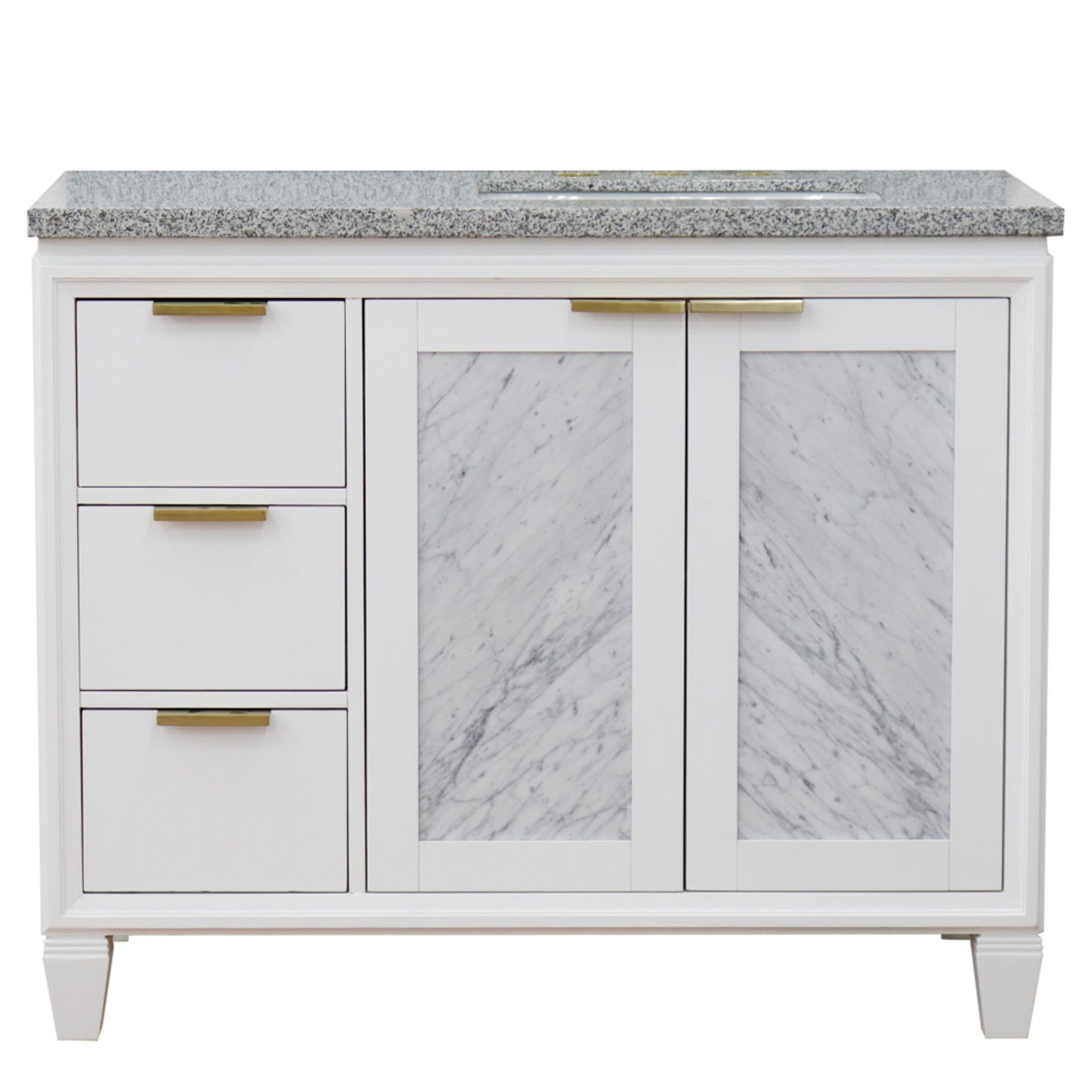 43" Single vanity in White finish with Gray granite and rectangle sink Right door/Right sink