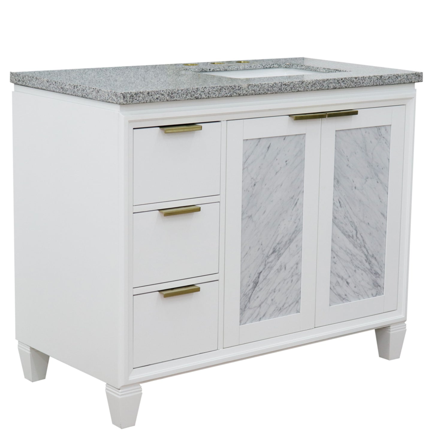 43" Single vanity in White finish with Gray granite and rectangle sink Right door/Right sink