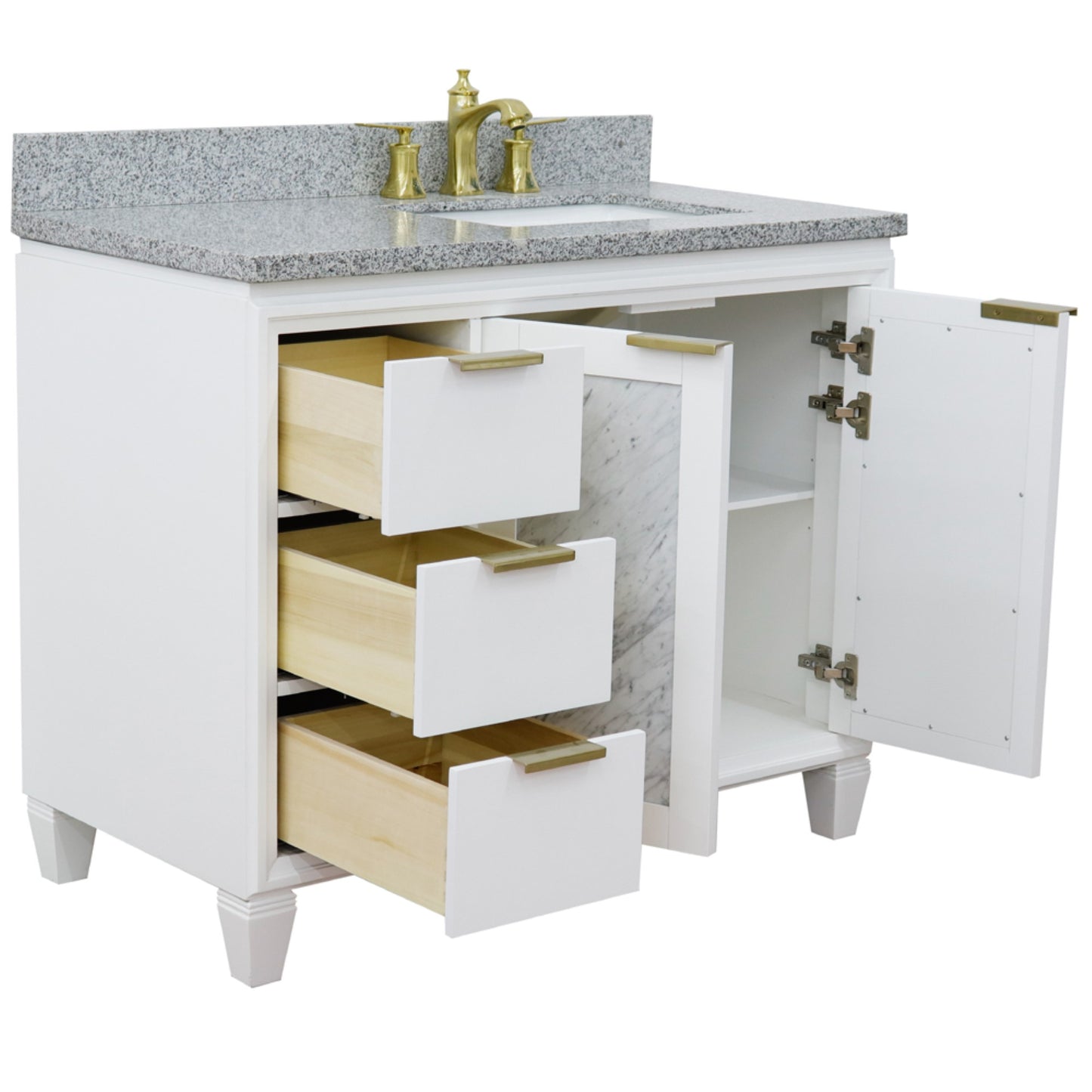 43" Single vanity in White finish with Gray granite and rectangle sink Right door/Right sink