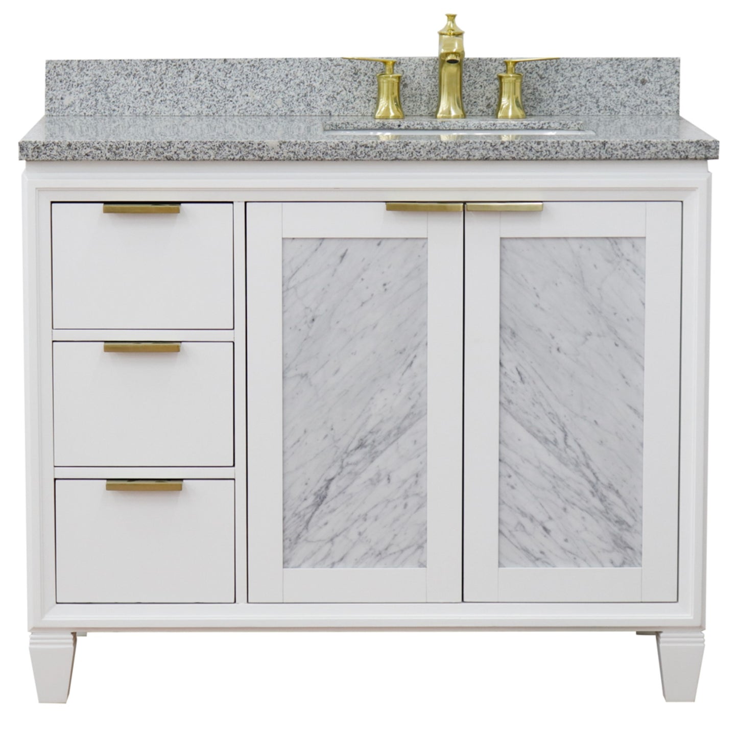43" Single vanity in White finish with Gray granite and rectangle sink Right door/Right sink