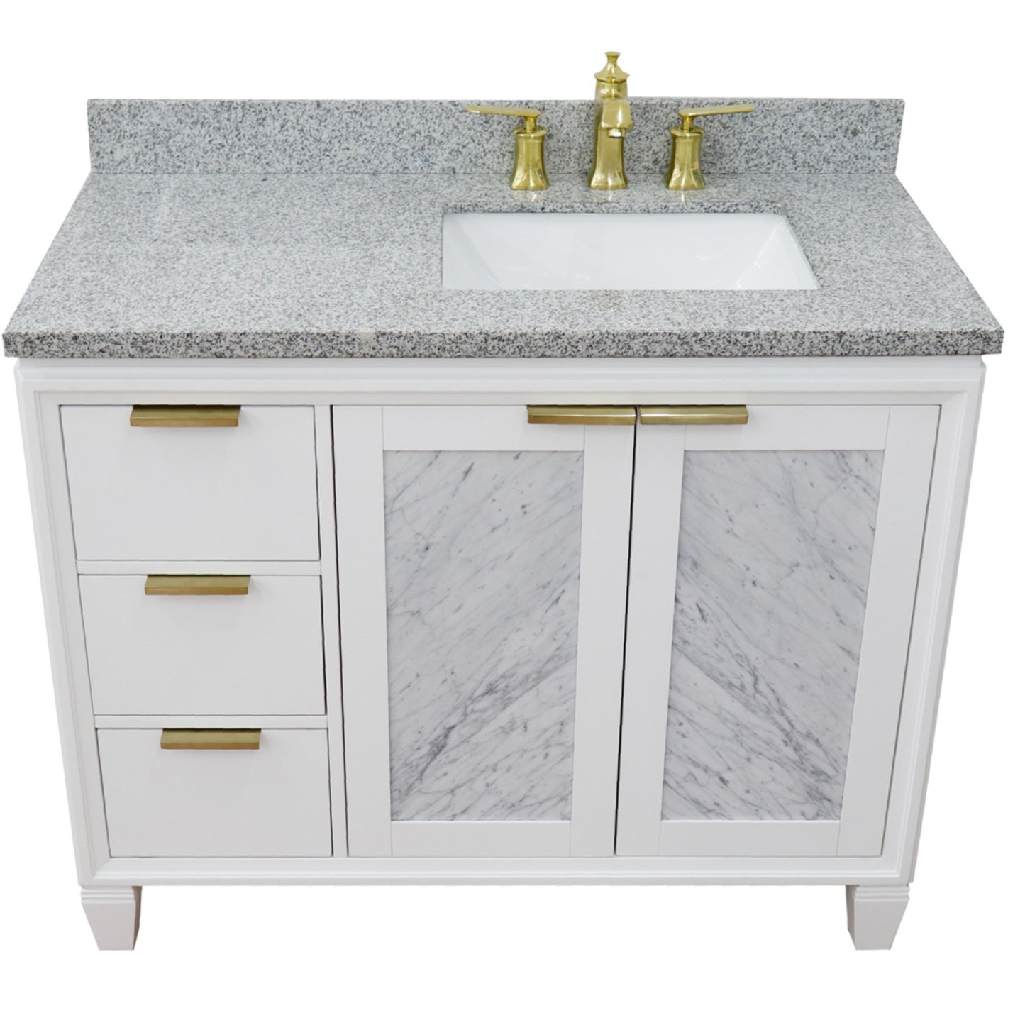 43" Single vanity in White finish with Gray granite and rectangle sink Right door/Right sink