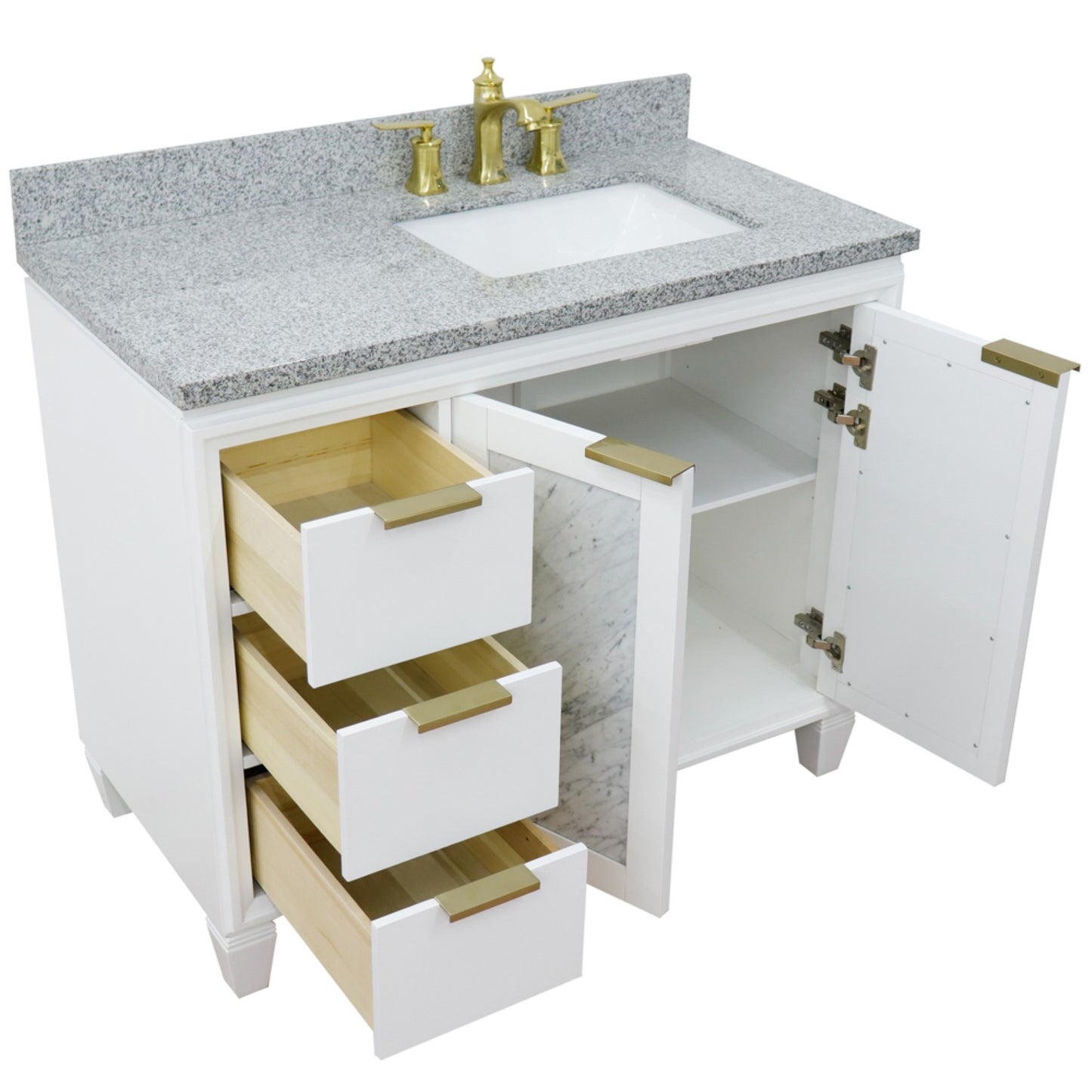 43" Single vanity in White finish with Gray granite and rectangle sink Right door/Right sink