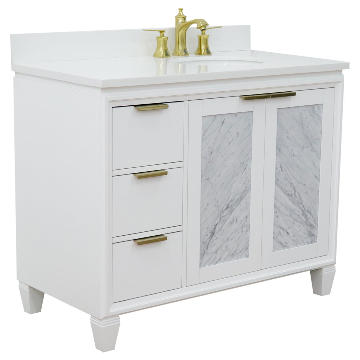 43" Single vanity in White finish with White engineered stone and oval sink Right door/Right sink