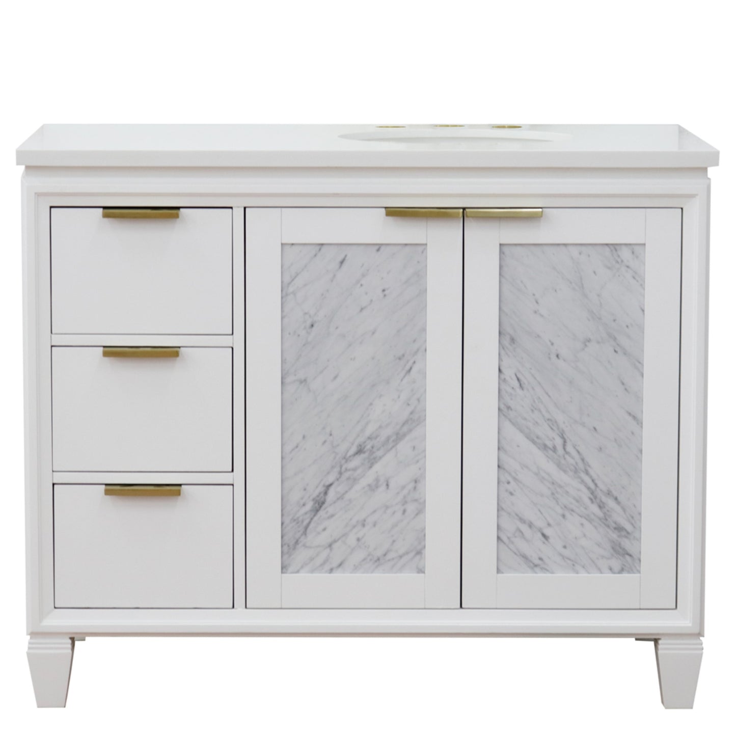 43" Single vanity in White finish with White engineered stone and oval sink Right door/Right sink